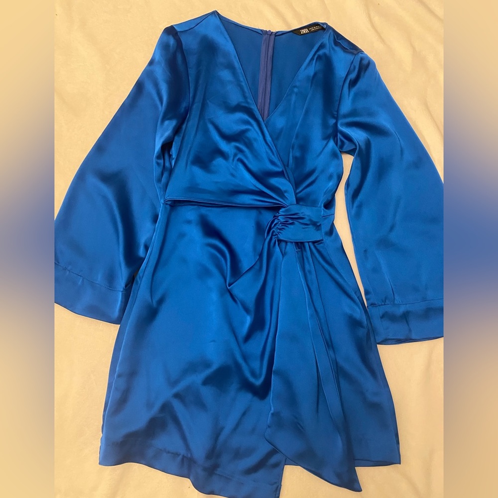 Zara Satin/Silk Wrap Dress w/ Bell Sleeves - Royal Blue